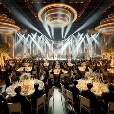 a large room filled with lots of tables covered in white clothed cloths and centerpieces