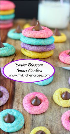 easter blossom sugar cookies with chocolate frosting and sprinkles are on a wooden table