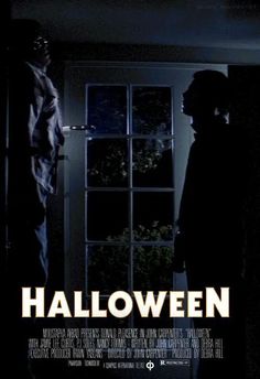 a movie poster for halloween with two people standing in front of a door and one person looking out the window