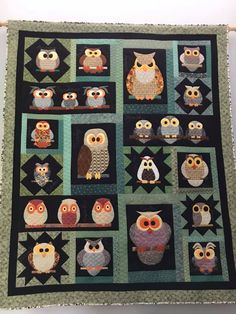 an owl themed quilt is hanging on the wall