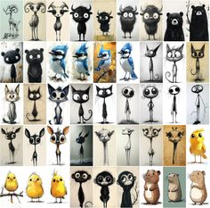 many different pictures of cartoon characters with eyes and hands, all in various poses together