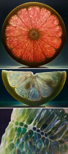 four different images of fruit and vegetables, each with an orange slice cut in half