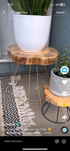 a potted plant sitting on top of a wooden stand next to a white bowl