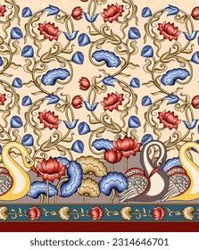 an intricately decorated wall panel with birds and flowers in blue, red, yellow and white