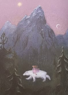 a painting of a woman riding on the back of a white horse in front of mountains