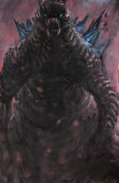 an image of godzilla in the dark with red and blue light coming from behind it