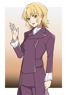 an anime character with blonde hair wearing a purple suit and holding her hand up in the air