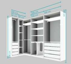 an image of a closet with measurements for the drawers and shelves on each side,