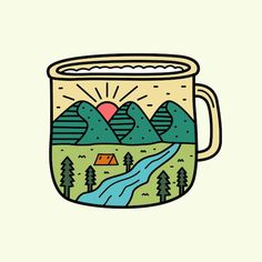 a mug filled with water and mountains