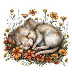 a drawing of a mouse sleeping on top of flowers