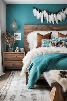 a bedroom decorated in teal and white with feathers hanging above the bed, along with fur