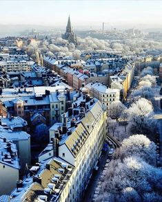 the city is covered in snow and has lots of trees on both sides of it