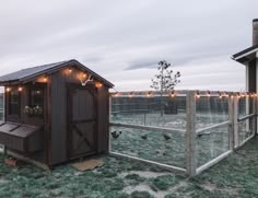 a chicken coop in the middle of a field next to a fence with lights on it