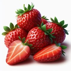 a pile of strawberries with green leaves on the top and one strawberry cut in half