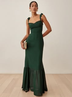 Formal Wedding Guest Dress, Long Green Dress, Trumpet Skirt, Guest Attire, Wedding Attire Guest, Cocktail Attire, Grad Dresses, Full Length Dress, Reformation Dresses