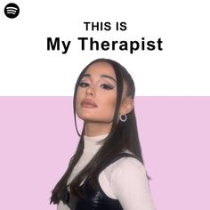 a woman with long black hair wearing a white shirt and black leather skirt is standing in front of a pink background that says, this is my therapist