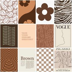 a collage of different types of patterns and words in brown, white, and beige