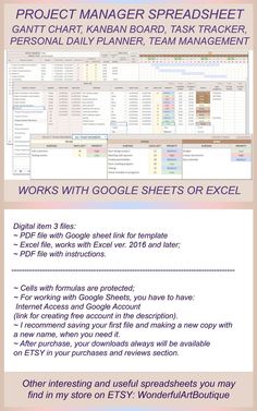 a flyer for project manager spreadsheet with google sheets or excel templates on it