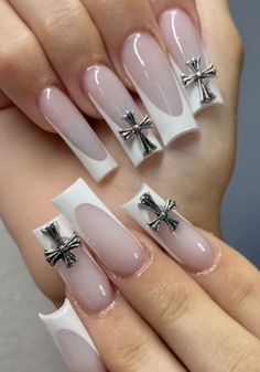 Long Square Acrylic Nails Y2k, White Nails Y2k, Carti Nails, Opiumcore Nails, Y2k Square Nails, Agust D Nails, Simple Y2k Nails, Nails Acrylic Y2k, Nail Inspo Y2k