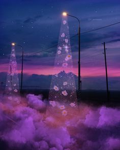 an image of a christmas tree surrounded by clouds and street lights in the night sky