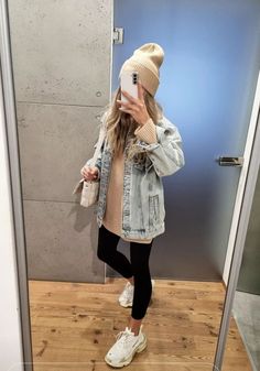 Sunday Funday Outfit Fall, Winter Sporting Event Outfit, Jumpsuit With Jean Jacket Outfit, Trendy Leggings Outfit, Cute Comfy Shoes For Walking, Womens Denim Outfits, Taupe Shirt Outfit, Sporting Event Outfit Winter, Colorado Outfits Spring