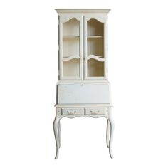 an antique white china cabinet with glass doors and drawers on the front, against a white background