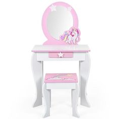 With the clear mirror, this kids vanity table and stool set with cute patterns is a fun and functional addition to your child's bedroom or play area. And you can remove the top if your kids need to concentrate on drawing or writing. After finishing make up or study, there is a practical drawer which comes with ample space to store items to keep the tabletop tidy and clean. Considering your kids' safety, this high quality vanity set is equipped with round edge design and anti-toppling device. In Dressing Table And Chair, Makeup Dresser, Kids Dressing Table, Mirror Drawers, Makeup Dressing Table, Clear Mirror, Dressing Table With Chair, Dresser Furniture, Vanity Table Set