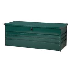 a green chest with three drawers on the front and one drawer open to show it's contents