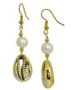 A puka cowrie shell in fine silver plate paired with a freshwater pearl make these drop earrings the perfect pick when you want to bring some of that sought-after seaside sophistication to your look. Handmade Shell Drop Earrings, White Shell-shaped Cowrie Shell Earrings, Casual Cowrie Shell-shaped Jewelry, Bohemian Jewelry With Shell-shaped Cowrie Shell, Beach Cowrie Shell-shaped Earrings, Multi Layer Necklace, Puka Shell, Beauty Gift Sets, Brass Necklace