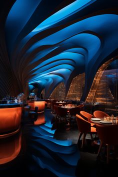 the interior of a restaurant with blue and orange lighting