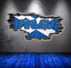 the word finney written in blue and white paint on a concrete wall behind a wooden floor