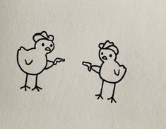 two chickens are pointing at each other