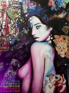 a painting of a woman with tattoos on her arm and chest, in front of a colorful background