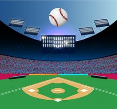 a baseball is flying in the air over a baseball field with lights and stadium bleachers