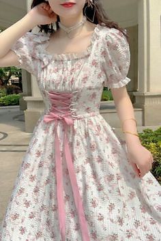 Hi My Friends If you feel boring so visit my website for entertaining Floral Corset Midi Dress, Corset Waist Dress, Cute Frilly Dresses, Frilly Prom Dress, Bow Dress Aesthetic, Corset Floral Dress, Aesthetic Floral Dress, Pink Corset Dress, Floral Corset Dress