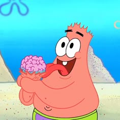 spongebob holding a brain in his hand and looking at the viewer's eye