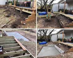 four pictures of different stages of building a backyard deck