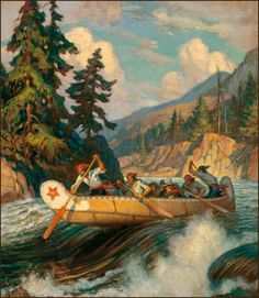 a painting of people in a canoe on the water