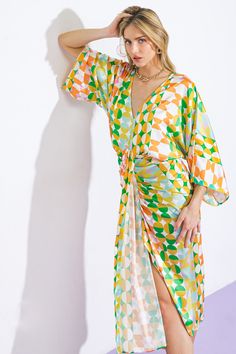 A printed woven satin midi dress featuring plunging V neckline, kimono sleeve, body contouring skirt with front detailDetails:Self: 97% Polyester 3% SpandexSize & Fit- Model is 5`8" And Wearing Size Small- Measurements Taken From Size Small- Approx. Length: 49" Multicolor Silk V-neck Midi Dress, Spring Satin V-neck Midi Dress, Open Front Maxi Dress For Brunch, Spring V-neck Satin Midi Dress, Summer V-neck Kimono For Brunch, Spring Satin Maxi Dress With V-neck, Spring V-neck Satin Maxi Dress, Summer Multicolor Midi Dress With Surplice Neckline, Green Satin Midi Dress For Summer