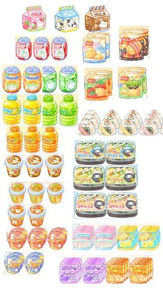 an assortment of food items are shown in this drawing