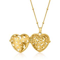 Ross-Simons - 18kt Gold Over Heart Locket Necklace, Diamond Accent. 18". Openwork swirls and a diamond accent decorate this sweet 18kt yellow gold over sterling silver heart locket necklace. For a special surprise, it opens to hold a 5/8" x 3/4" photo of your choice. Would make a lovely gift for a birthday, holiday or milestone. Suspends from a curb chain with a springring clasp. 18kt gold over sterling heart locket necklace. Diamond birthstones are the perfect gift for April birthdays. Valentine's Day Yellow Gold Jewelry With Intricate Design, Valentine's Day Gold Necklace With Intricate Design, Elegant Medallion Locket Necklace For Valentine's Day, Elegant Yellow Gold Heart Necklace With Charms, Yellow Gold Filigree Jewelry For Valentine's Day, Elegant Heart-shaped Yellow Gold Locket Necklace, Elegant Gold Heart Necklace For Keepsake, Elegant Locket Necklace For Valentine's Day Anniversary, Elegant Gold Heart Keepsake Necklace