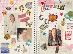 an open notebook with many different pictures and words on the pages, including hair clips