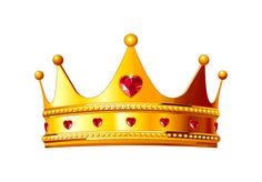 a golden crown with red hearts on the front and sides, set against a white background