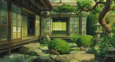 a painting of a japanese garden with rocks and trees