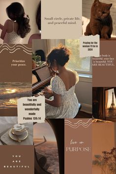 there is a collage of photos with words and pictures on it, including a woman playing the piano