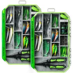 two green boxes filled with different types of fishing lures