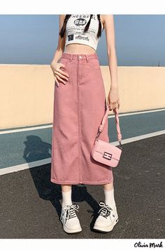 Jeans Long Skirt, Pink Denim Skirt, Commuter Style, Pink Pencil Skirt, Mori Girl Fashion, Pink Denim