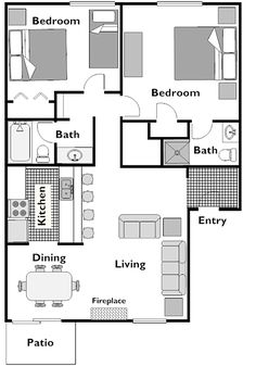 the floor plan for a two bedroom apartment with an attached kitchen and living room area