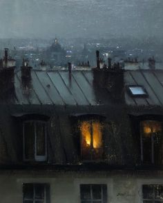 an oil painting of rooftops and windows in the rain with city lights behind them