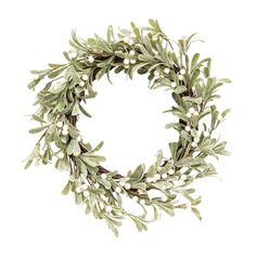 a wreath with green leaves and white berries on it's side, against a white background